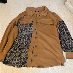 Miss Me Tan and Patterned Button Down Shirt